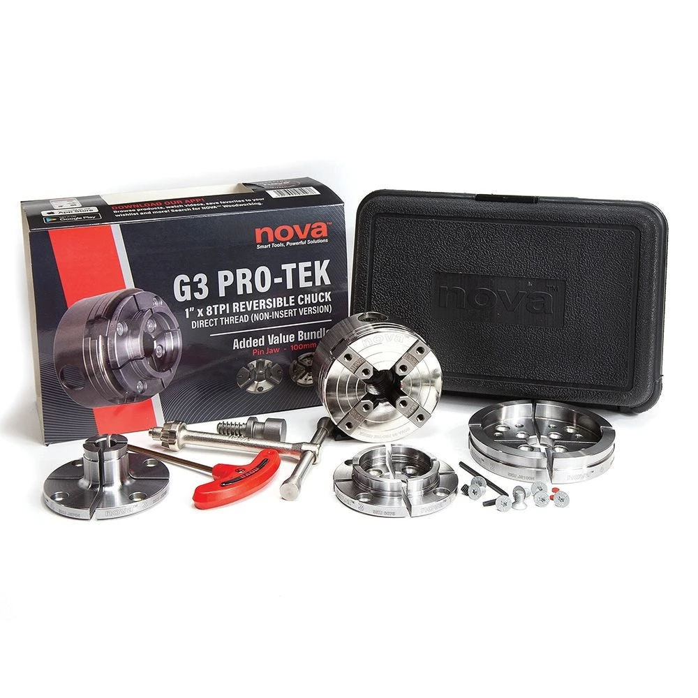 Nova 48293 Pro-Tek G3 Chuck Bundle With 2'', 4'' And Pin Jaws, 1''x 8 TPI Direct Thread 3 Nova 48293 Pro-Tek G3 Chuck Bundle With 2'', 4'' And Pin Jaws, 1''x 8 TPI Direct Thread